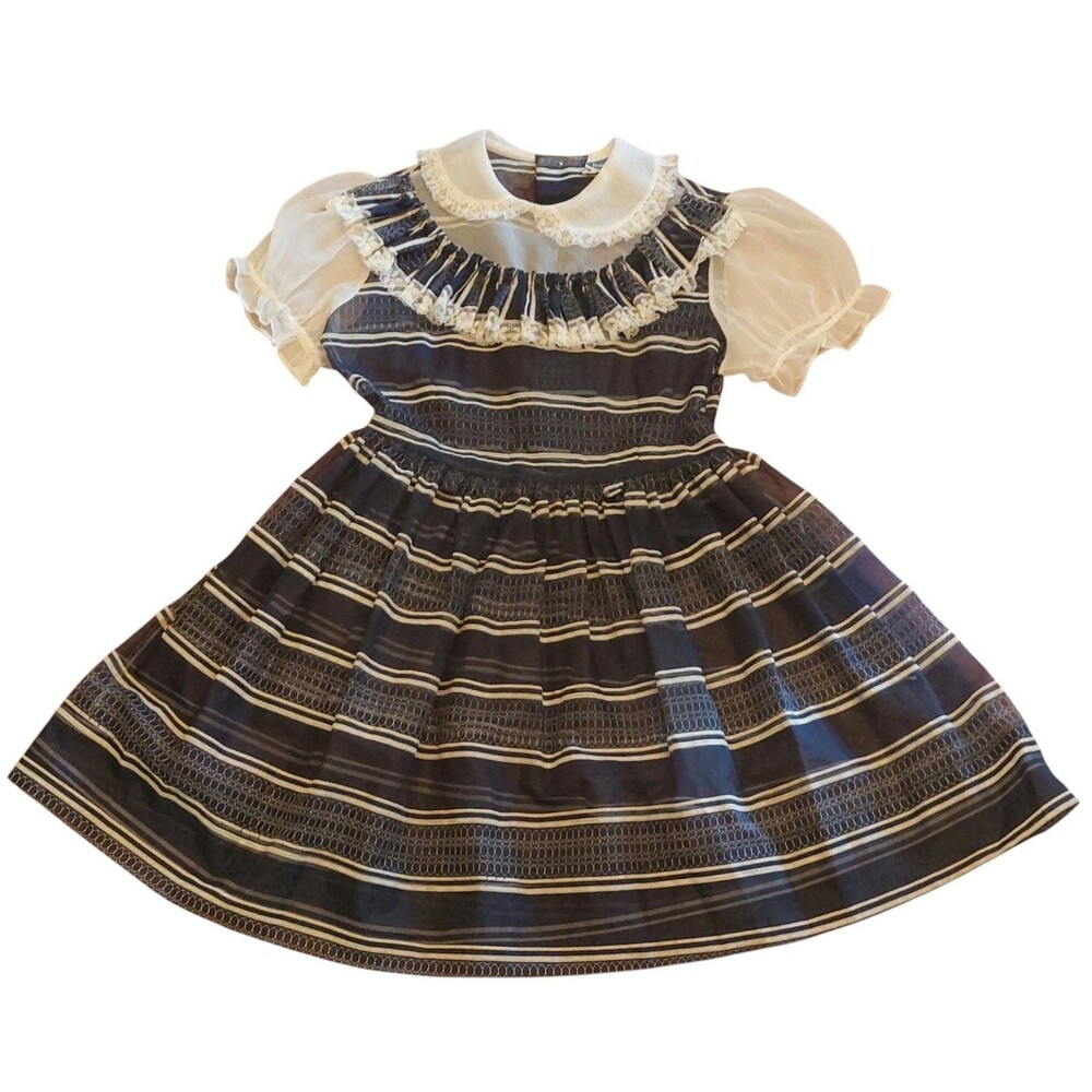 Vintage 1960s Sheer Girls Dress Navy & White Honeylane Sears Roebuck Full Skirt